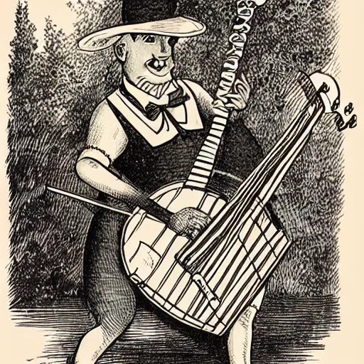 Image similar to a vintage illustration of an alligator playing a banjo