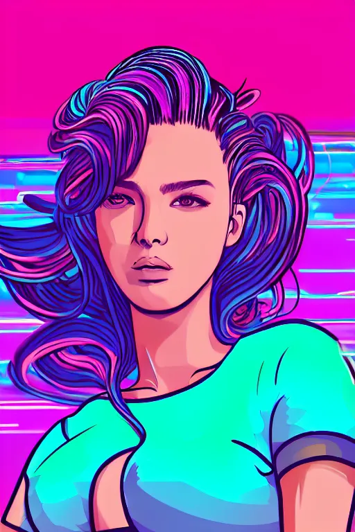 Image similar to a award winning half body portrait of a beautiful woman in a croptop and cargo pants with ombre purple pink teal hairstyle surrounded by whirling illuminated lines, outrun, vaporware, shaded flat illustration, digital art, trending on artstation, highly detailed, fine detail, intricate