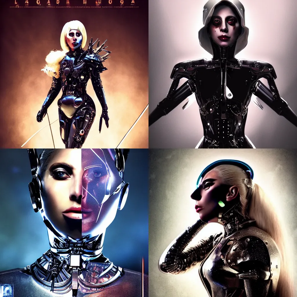 Prompt: lady gaga as a cyborg, high fantasy art movie poster, ultra hd, cinematic lighting,