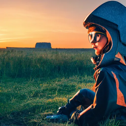 Image similar to young explorer wearing a cyberpunk headpiece, cyberpunk clothes, full body, sitting in a field, monolith ruins in background, sunset, sharp focus, volumetric lighting, highly detailed, by Max Prentis 8k wallpaper