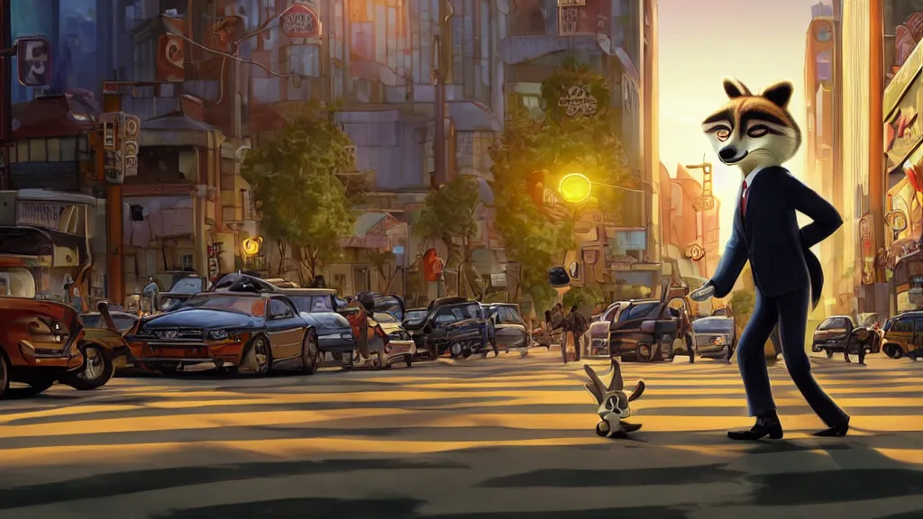 Image similar to An anthropomorphic raccoon businessman is walking down a busy crosswalk at sunset, warm lighting with an orange glow blanketing the cityscape, zootopia, other anthropomorphic characters are walking by him, extremely detailed, HDR, sideview, solemn and moody, many cars and animal people in the background, detailed face and eyes, large and detailed eyes with visible pupils, the road is wet with many rain puddles, reflections from the water on the ground, shadows are being cast from the cars and people walking around, raining