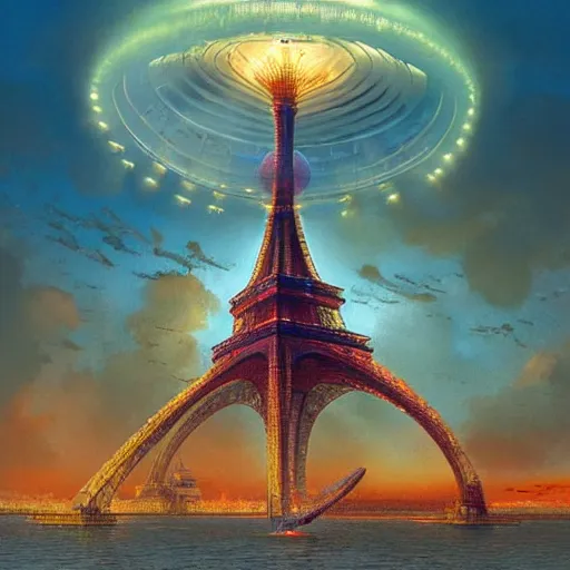 Image similar to kirov airship, with dramatic lighting, in the style of Moebius, dirigible, airship, blimp, t hyperrealism photography of Eiffer Tower covered with colorful mushrooms, cgi detailed, dramatic lighting, cgsociety, in style of photorealism artist, cinematic shot