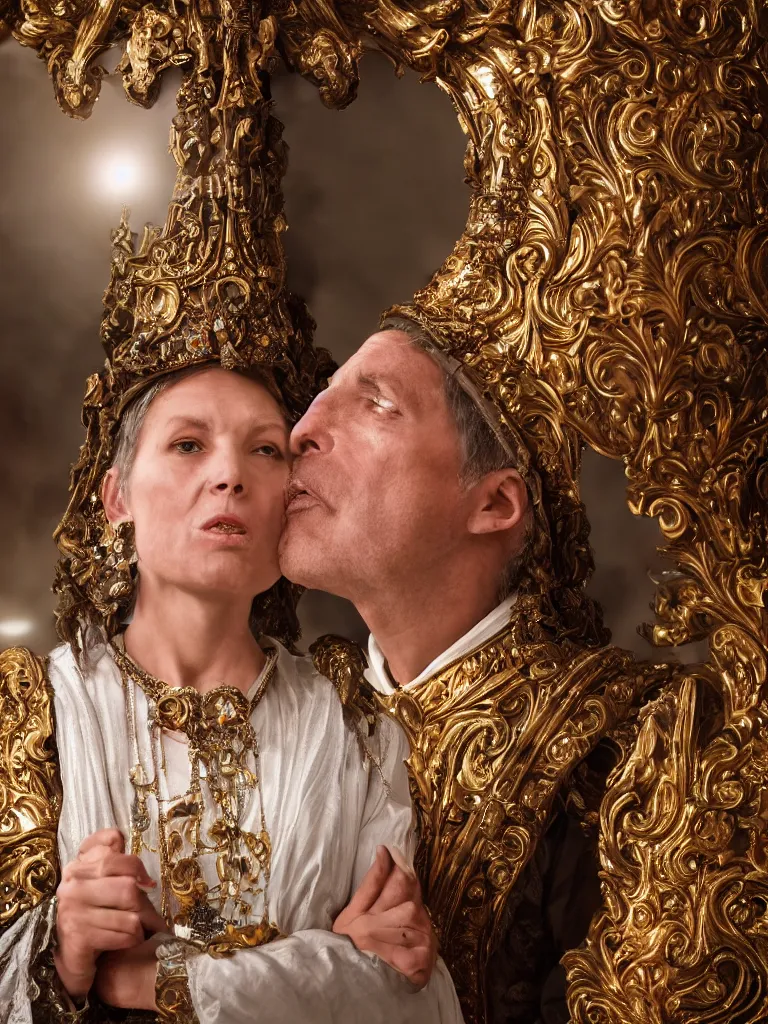 Image similar to a high-resolution color-chrome extreme closeup portrait photo of a medieval priest, kissing a incredible elegant pale renaissance rococo Queen, with ornate jewelled, rococo Queen, sci-fi, high-tech, beautiful low light, style Steve McCurry Octane render 8k