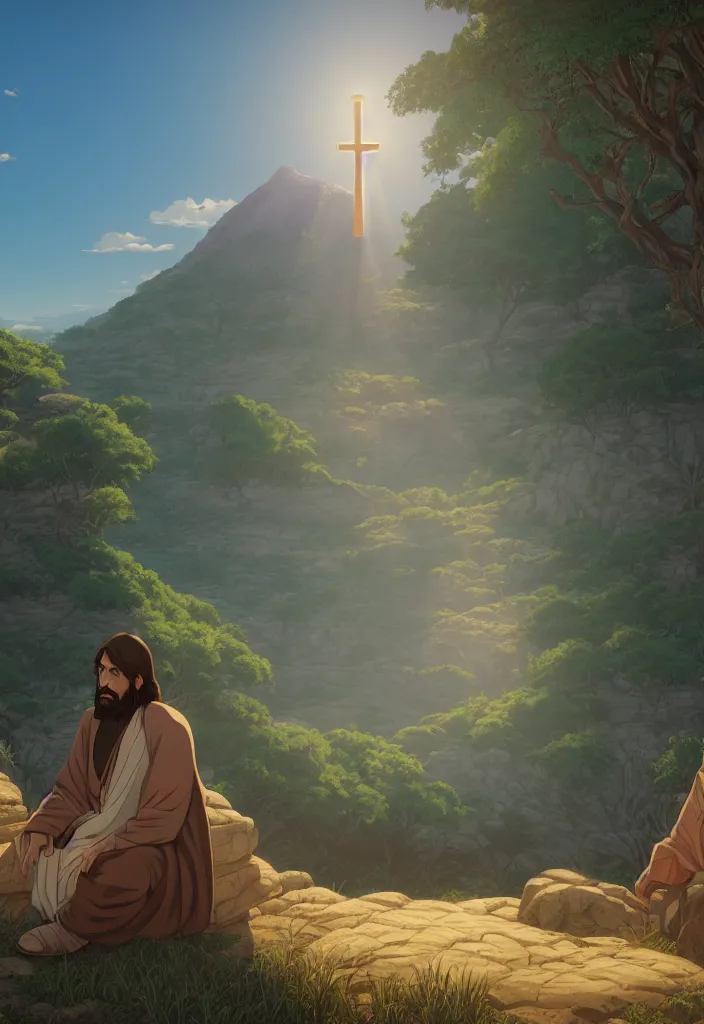 Image similar to a portrait of jesus sermon on the mount by dan mumford, yusuke murata and makoto shinkai, 8k, cel shaded, unreal engine, featured on artstation, pixiv