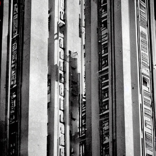 Image similar to lost film footage of a sacred brutalism totem in the middle of the tropical jungle / film still / cinematic / enhanced / 1 9 2 0 s / black and white / grain