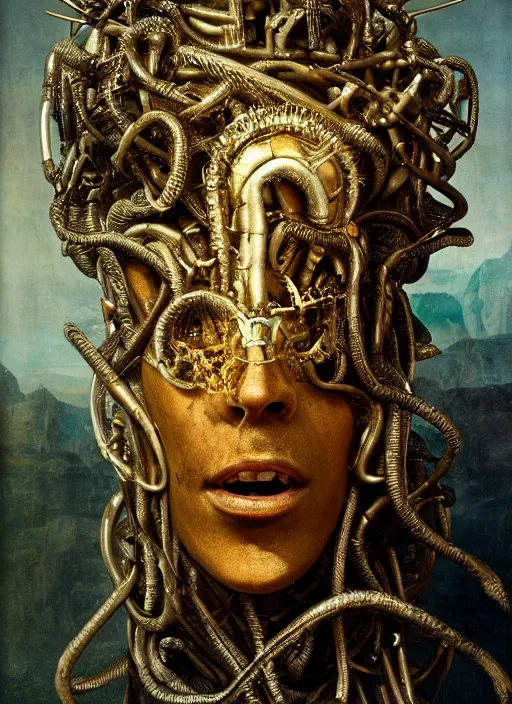 Image similar to portrait of king arthur knight medusa cyborg, kintsugi, modern fine art, fractal, intricate, elegant, highly detailed, digital photography, subsurface scattering, by jheronimus bosch and basquiat and greg rutkowski,