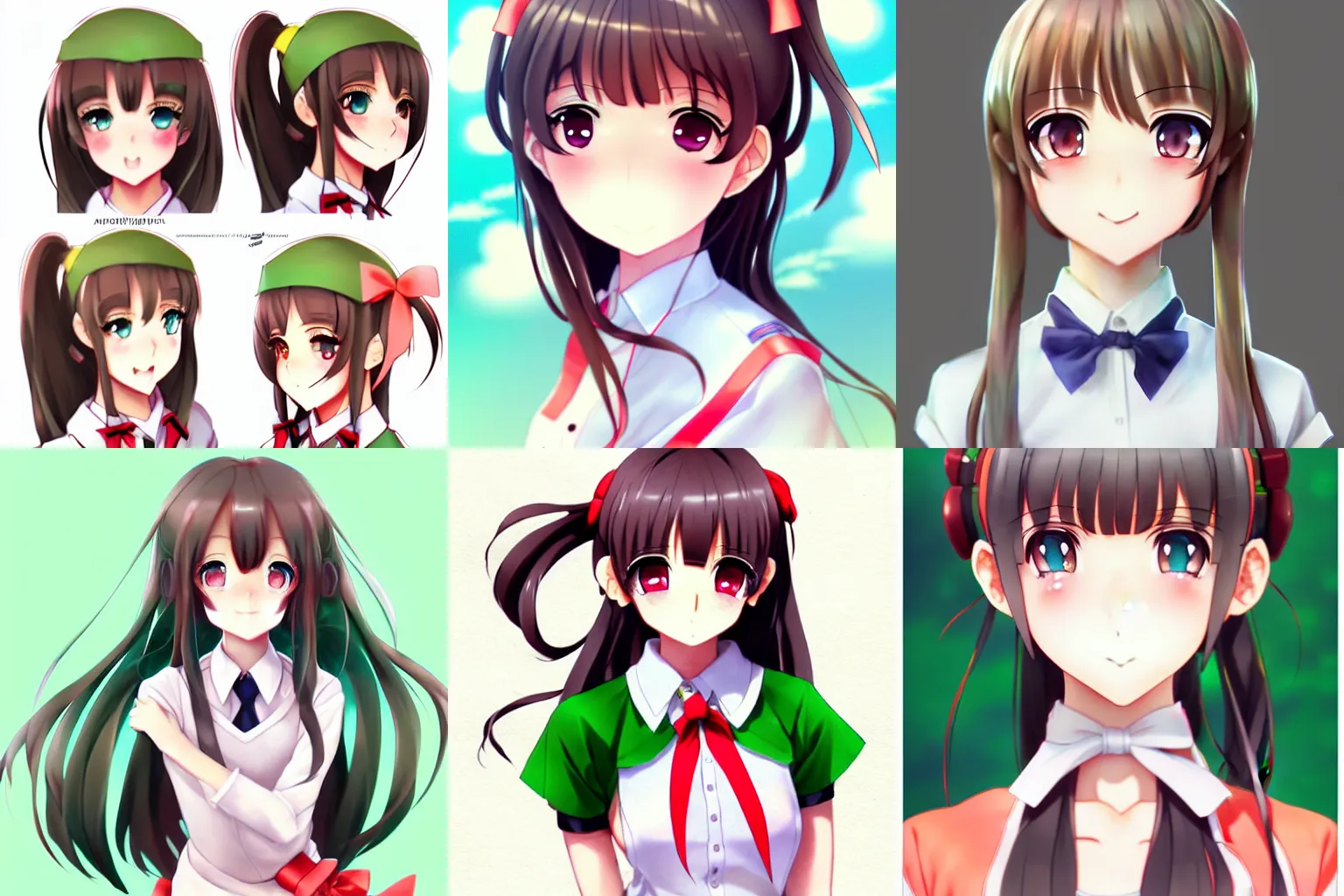 Prompt: very beautiful anime high school girl, complete body view, green eyes, coral brown hair, ponytail, white ribbon, full perfect face, slightly smiling, detailed school background, artstation, 120 degree view, drawn by Artgerm, Sasoura, Satchely, no distorsion