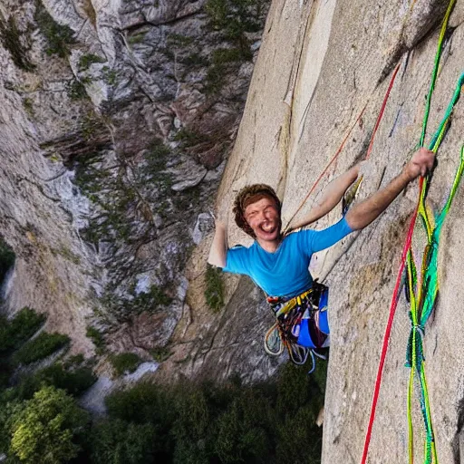 Image similar to rock climbing a multi pitch route, hyper realistic photo made by the lead climber, happy climbers enjoying a nice sunny day in a good mood