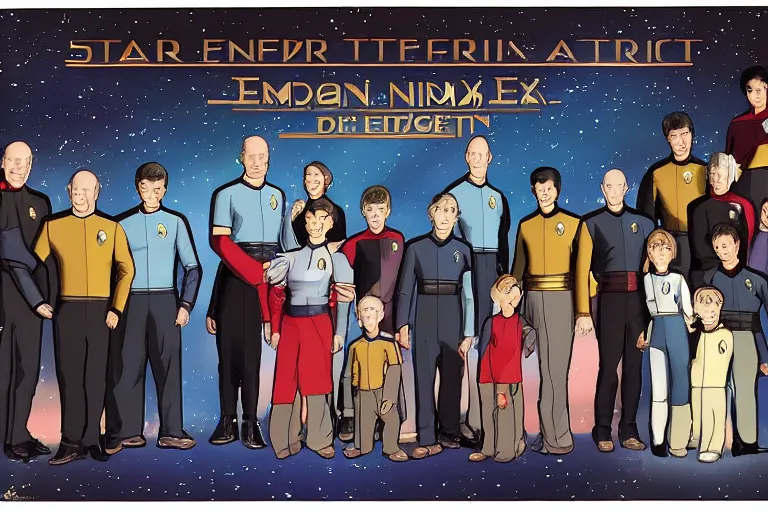 Image similar to star trek next generation enterprise - d bridge crew, captain picard in center, family portrait, in style of studio ghibli