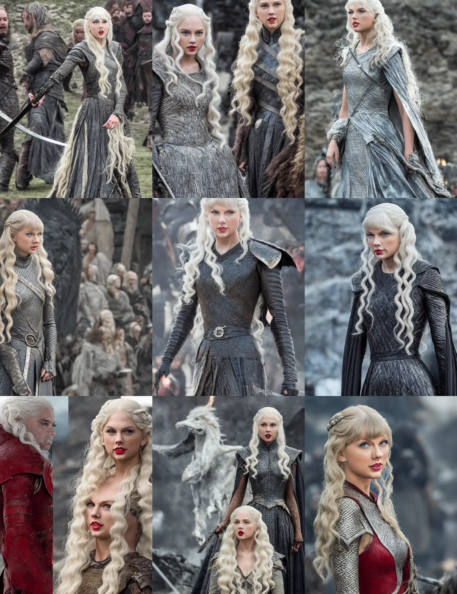 Prompt: detailed photo of taylor swift targaryen on set of game of thrones