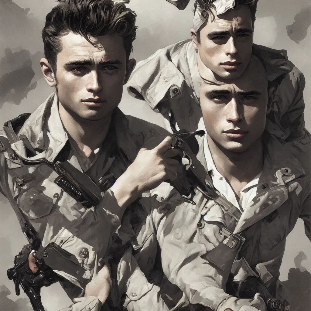 Prompt: james dean as a soldier intricate, elegant, highly detailed, digital painting, artstation, concept art, smooth, sharp focus, illustration, art by artgerm and greg rutkowski and alphonse mucha and william - adolphe bouguereau