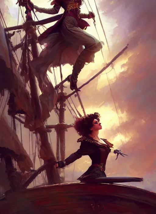 Prompt: rgb, thin, woman, model, short black curly hair, round face, pirate clothes, on a pirate ship, amazing composition & dynamic posing, by franz xavier leyendecker, wlop! muted colors, highly detailed, fantasy art by craig mullins, thomas kinkade cfg _ scale 9