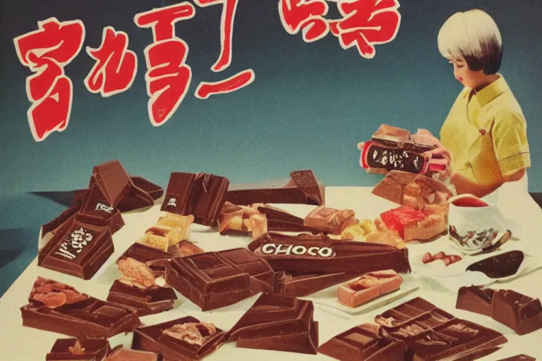 Image similar to chocolate advertisment, still life, 1 9 7 0 s japan shouwa advertisement, print, nostalgic