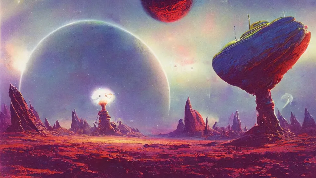 Image similar to a tall rocketship landing on a strange eerie alien planet by Paul Lehr and Bruce Pennington