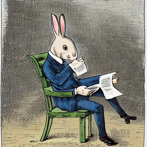 Prompt: a rabbit detective sitting on a park bench and reading a newspaper in a victorian setting, cartoon