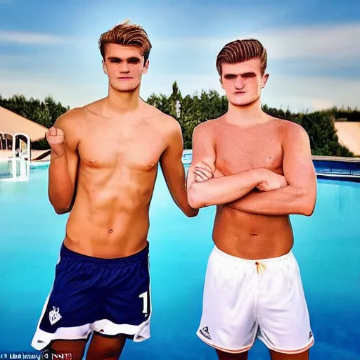 Image similar to a realistic detailed photo of a guy who is an attractive humanoid who is half robot and half humanoid, who is a male android, soccer players martin ødegaard & timo werner, shiny skin, posing like a statue, blank stare, by the pool, on display, showing off his muscles