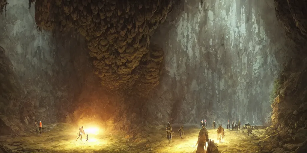 Image similar to drawfs trek along a path in an immense underground cavern, lit by magical light, giant mushrooms, dark fantasy, Greg Rutkowski and Studio Ghibli and Ivan Shishkin