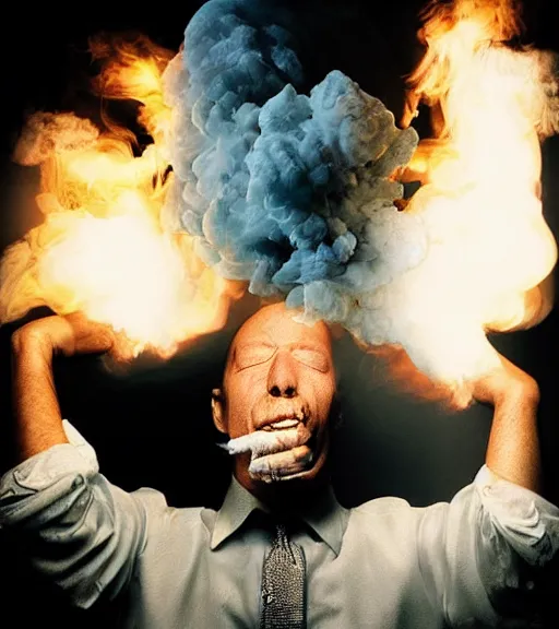 Image similar to annie liebowitz photo of a man who's head is turning into a puff of smoke, award winning photo