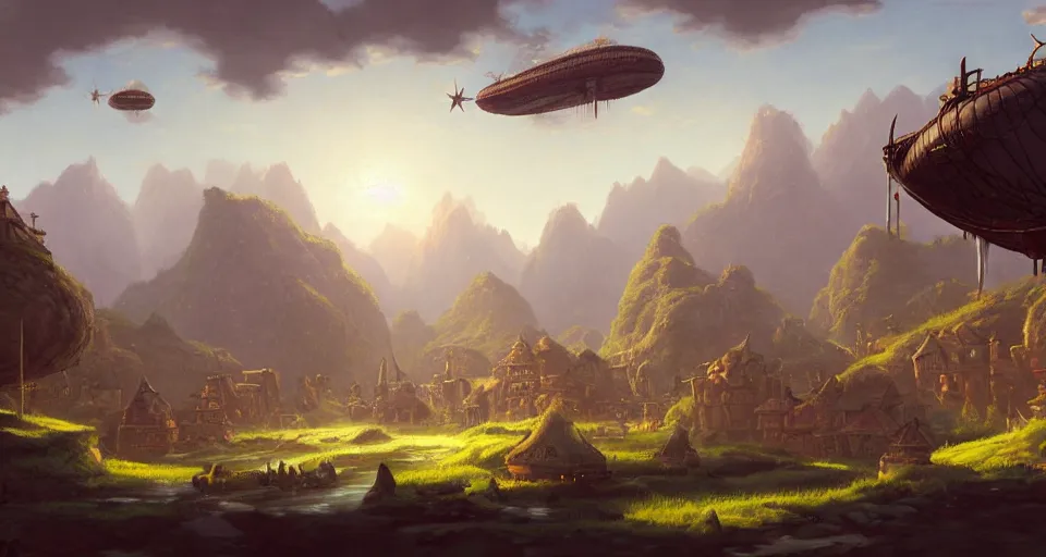 Prompt: landscape airships circling a fantasy town at a distance with a stream running through it and mountains in the distance in the style of andreas rocha