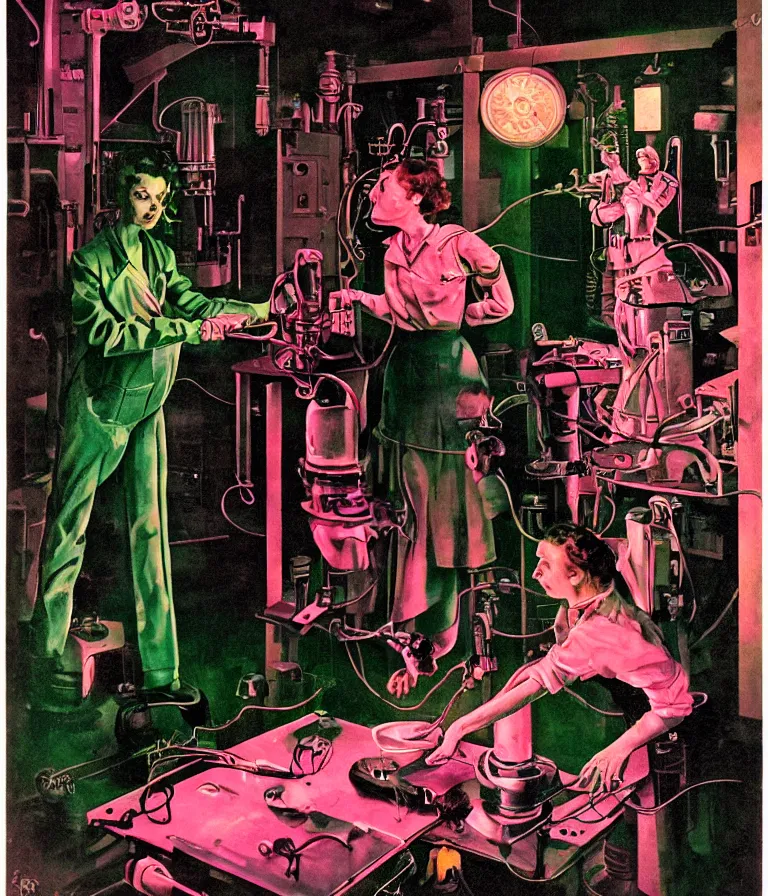 Prompt: a female mad scientist building a robot man, in a darkly lit laboratory room, 1 9 5 0 s horror movie poster style, norman rockwell oil painting, tight shot, close - up shot, retro science fiction, vintage, saturated pink and green lighting, shadowy lighting, cohesive