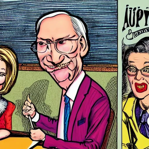 Prompt: The Artwork of R. Crumb and his Cheap Suit Mitch McConnell and Nancy Pelosi, pencil and colored marker artwork, trailer-trash lifestyle