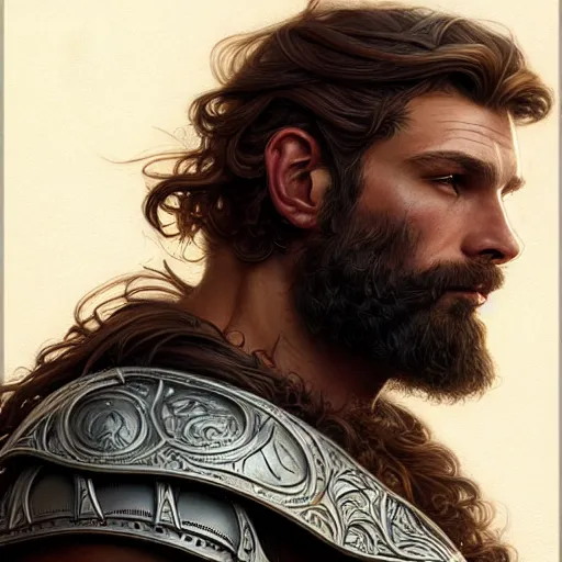 Image similar to portrait of a ruggedly handsome paladin, soft hair, muscular, half body, leather, hairy, d & d, fantasy, intricate, elegant, highly detailed, digital painting, artstation, concept art, smooth, sharp focus, illustration, art by artgerm and greg rutkowski and alphonse mucha