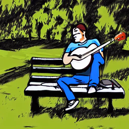 Prompt: a man sitting on a bench in the park writing in his notebook, a guitar is next to him on his bench, digital art