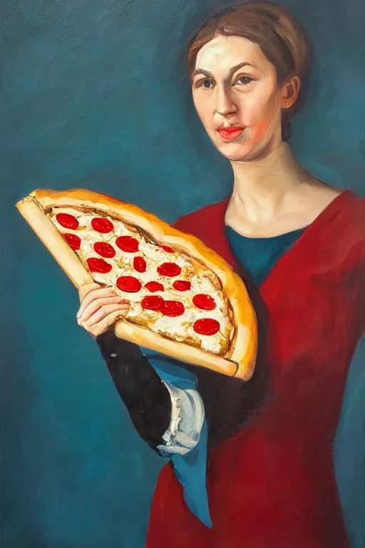 Prompt: oil painting, portrait of giorgia meloni, holding a pizza, italian flag, futurist style