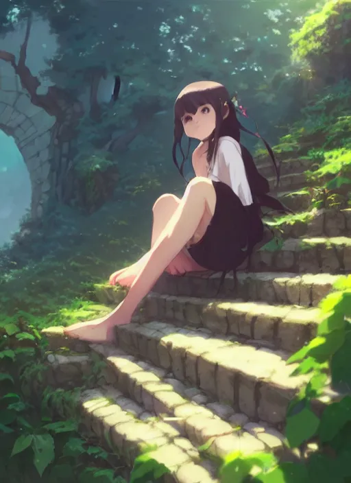 Prompt: girl sitting on a stone stair under a vine rack, illustration concept art anime key visual trending pixiv fanbox by wlop and greg rutkowski and makoto shinkai and studio ghibli