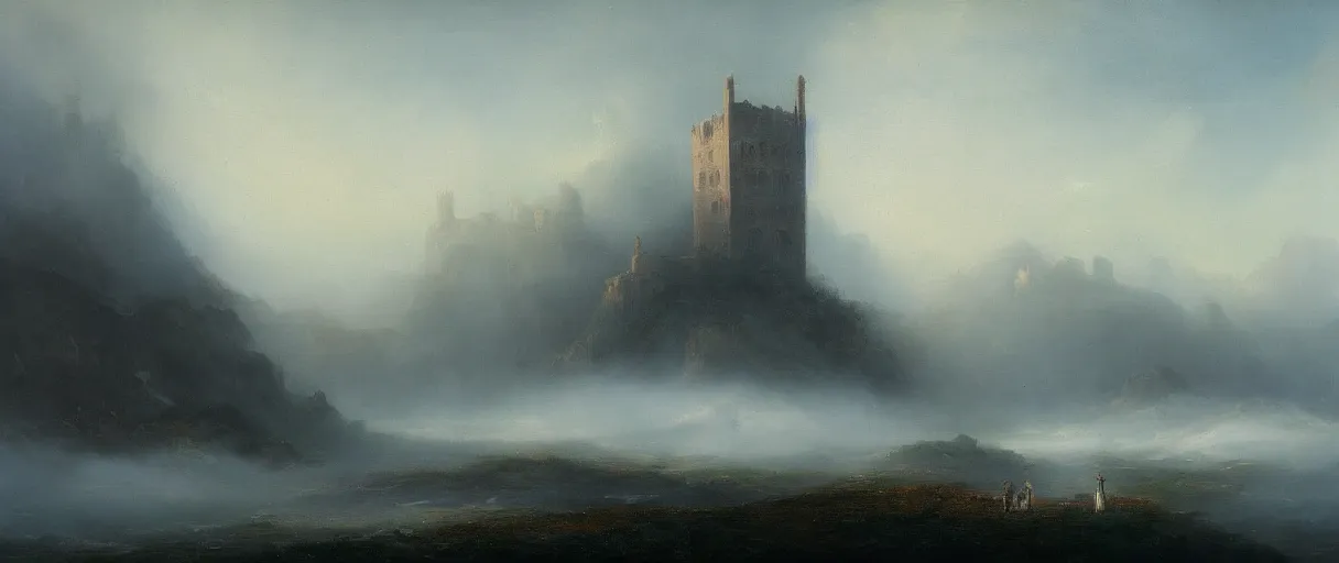 Image similar to an impossibly large tower rising from a sea of mist,evocative,romanticism landscape painting