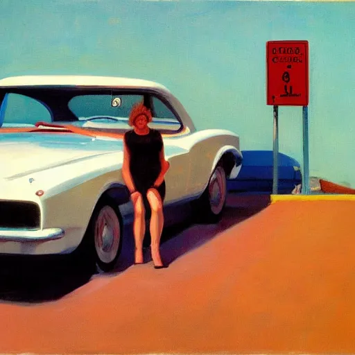 Prompt: Portrait with car, dated a woman that lived on Cooterneck Road, She had a catfish Camero and was cooler than me, by Edward Hopper and Bo Bartlett