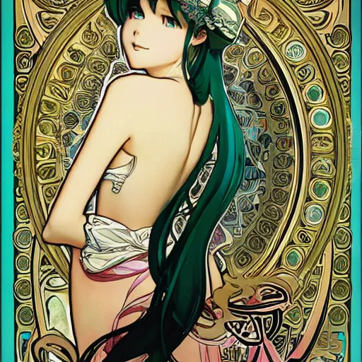 Image similar to hatsune miku, artwork by Alphonse Mucha, highly detailed, manga, anime