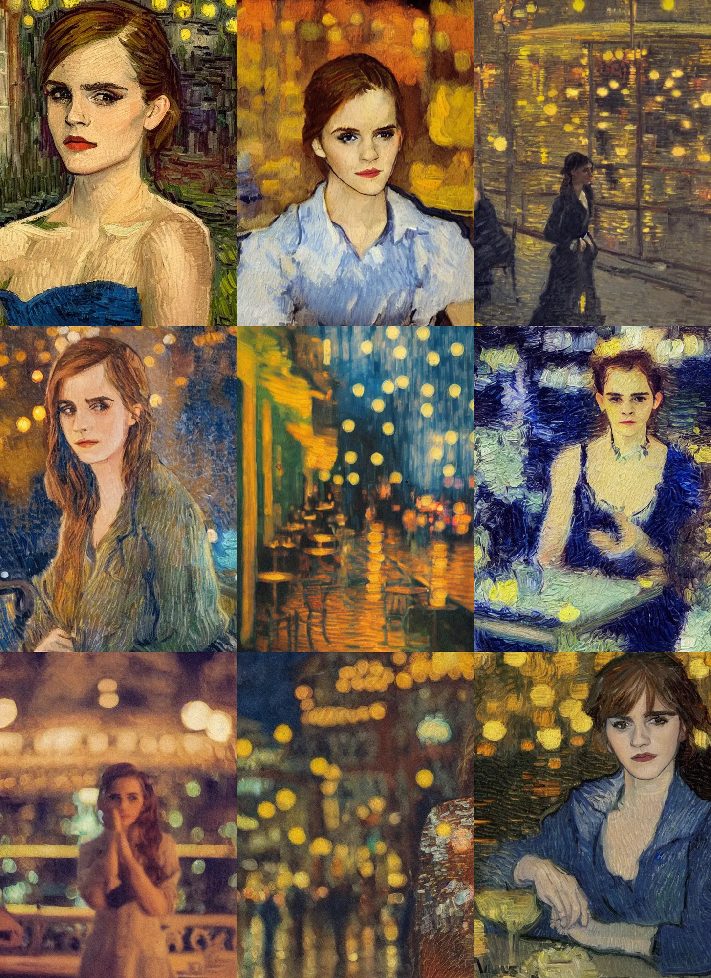 Prompt: an impressionist portrait painting of emma watson by van gogh, paris cafe at night with city lights bokeh background,!!! shallow depth of field!!!, canon 5 0 mm!! tilt - shift!! lens f 1. 2