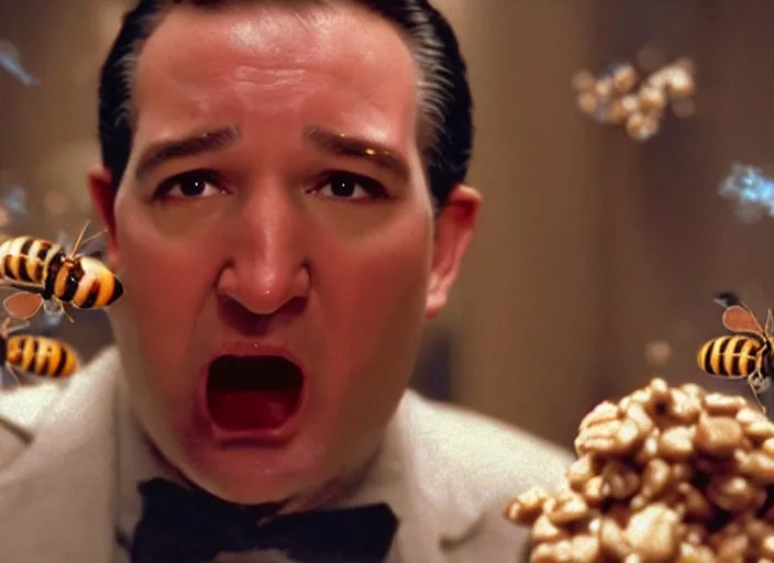 Image similar to film still of ted cruz as the candyman with bees coming out of his mouth in candyman 1 9 9 2