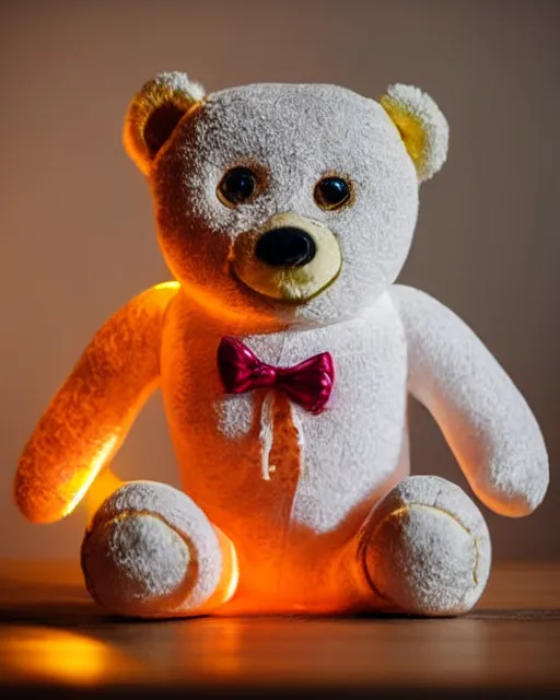 Image similar to high quality presentation night photo of an illuminated cute retro toy robot teddy bear, photography 4k, f1.8 anamorphic, bokeh, 4k, Canon, Nikon