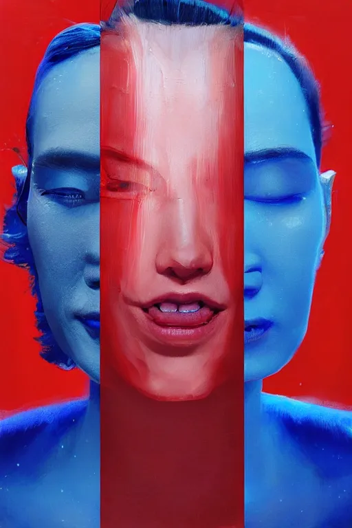 Prompt: 3 d, sci - fi, morning, stanley kubrick smiling fashion model face, blue faces, sun, cinematic, vogue cover style, poster art, light red and deep blue mood, realistic painting, intricate oil painting, high detail, figurative art, multiple exposure, poster art, 3 d, by tooth wu and wlop and beeple and greg rutkowski