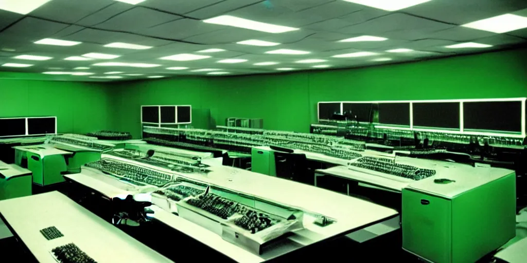 Image similar to a large 1970's computing room with 9-track machines and green glowing screens. by IBM by Amdahl.