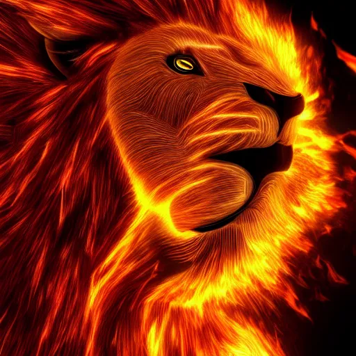 Image similar to fire lion, flaming, detail, unreal engine, cinematic lighting, colorful