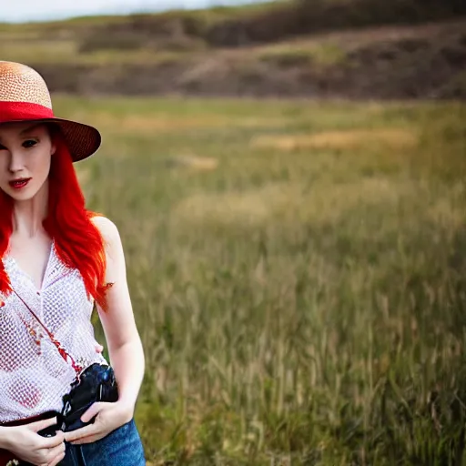 Image similar to red headed woman wearing a wide brimmed straw hat and a fanny pack