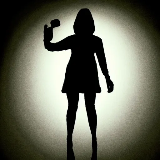 Image similar to A spooky and atmospheric selfie of a woman in a dark room, with a spooky filter applied, with a figure in the background, shrouded in darkness, in a Halloween style.