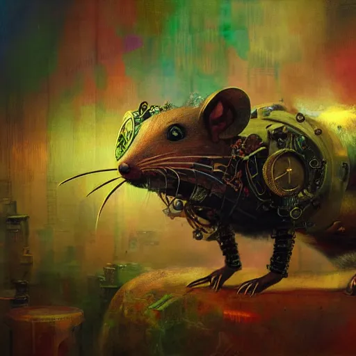 Image similar to steampunk rat, acid, 303, psychedelic, by ruan jia