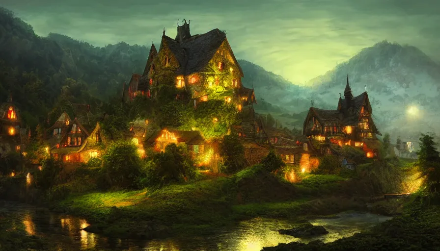 Image similar to Realistic digital painting of uge English village with humongous king's castle built in green mountains at night, hyperdetailed, artstation, cgsociety, 8k