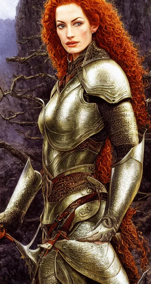 Prompt: Detailed painting of a curly redhead anne hathaway wearing elven armor portrait by Ted Nasmith