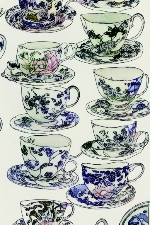 Image similar to tea cups, tea set on table with flowers, white rabbit, detailed art by kay nielsen and walter crane and h j ford, black and white illustration style, watercolor