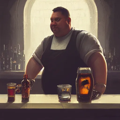 Image similar to closeup portrait of an overweight barkeeper with an artificial arm, ratz, neuromancer, bar background, painted by greg rutkowski, painted by igor kieryluk, high detail, dramatic light, digital art, trending on artstation