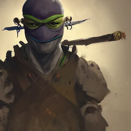 Image similar to portrait painting of our it guy, teenage mutant ninja turtle donatello, painted by greg rutkowski, dishonored 2