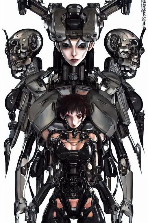 Image similar to full body illustration!! a female cyborg with hollow skull eyes, very symmetrical face!! highly detailed, by yoji shinkawa, by kenny carmody, by ryouta otsuka, by hideyuki ashizawa, by marc nagel, by arknect metal gear solid, transformers cinematic universe, deviantart, artstation, pinterest, unreal engine