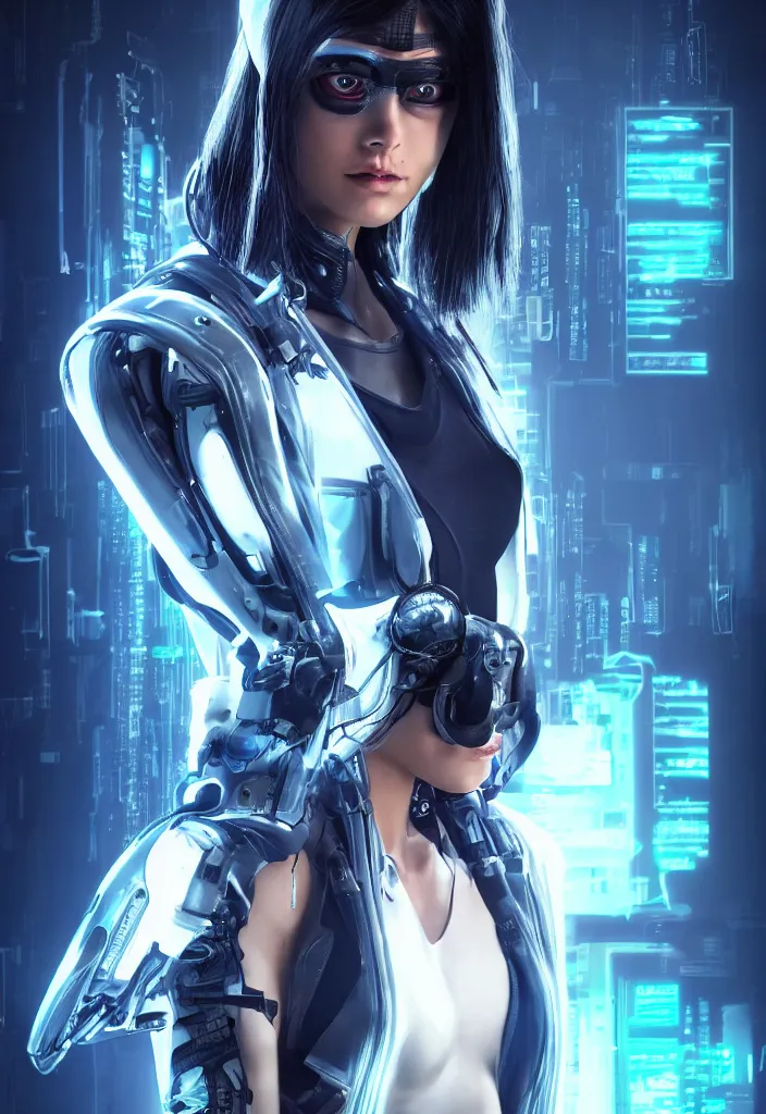 Image similar to cyberpunk hacker girl portrait, highly detailed, alita, studio lighting, neon backlit, 8 k