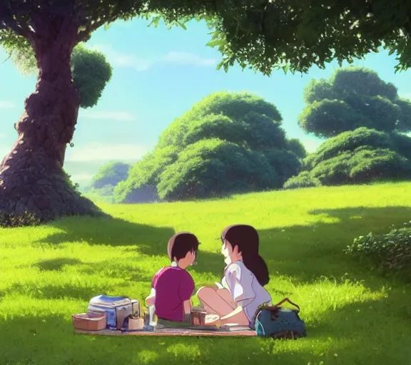 Prompt: a wholesome animation key shot of a boy and a girl sitting together under a tree, having a picnic, boy and girl!!, studio Ghibli, Pixar and Disney animation, sharp, very detailed, high resolution, by Raphael LaCoste and Ruan Jia and Robert McCall, postcyberpunk, geodesic, hyperdetailed, sunrise, wide shot, autochrome, octane render, inspired by Hayao Miyazaki, anime key art by Greg Rutkowski, Bloom, dramatic lighting