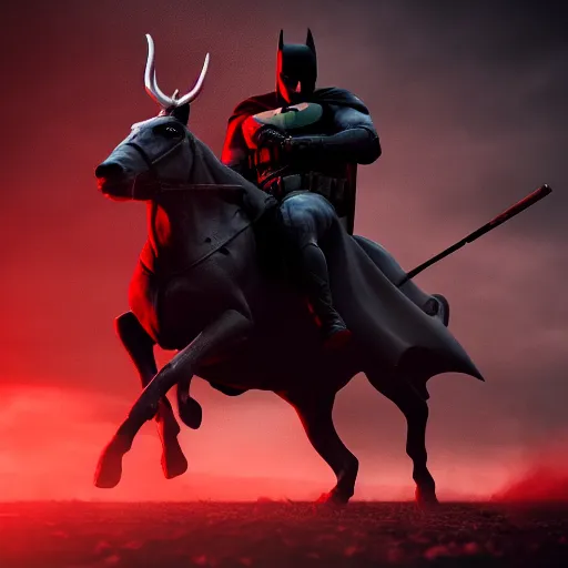 Prompt: batman riding red deer in battlefield, dark, cinematic lighting, chaotic, wide shot, photorealistic, photograph